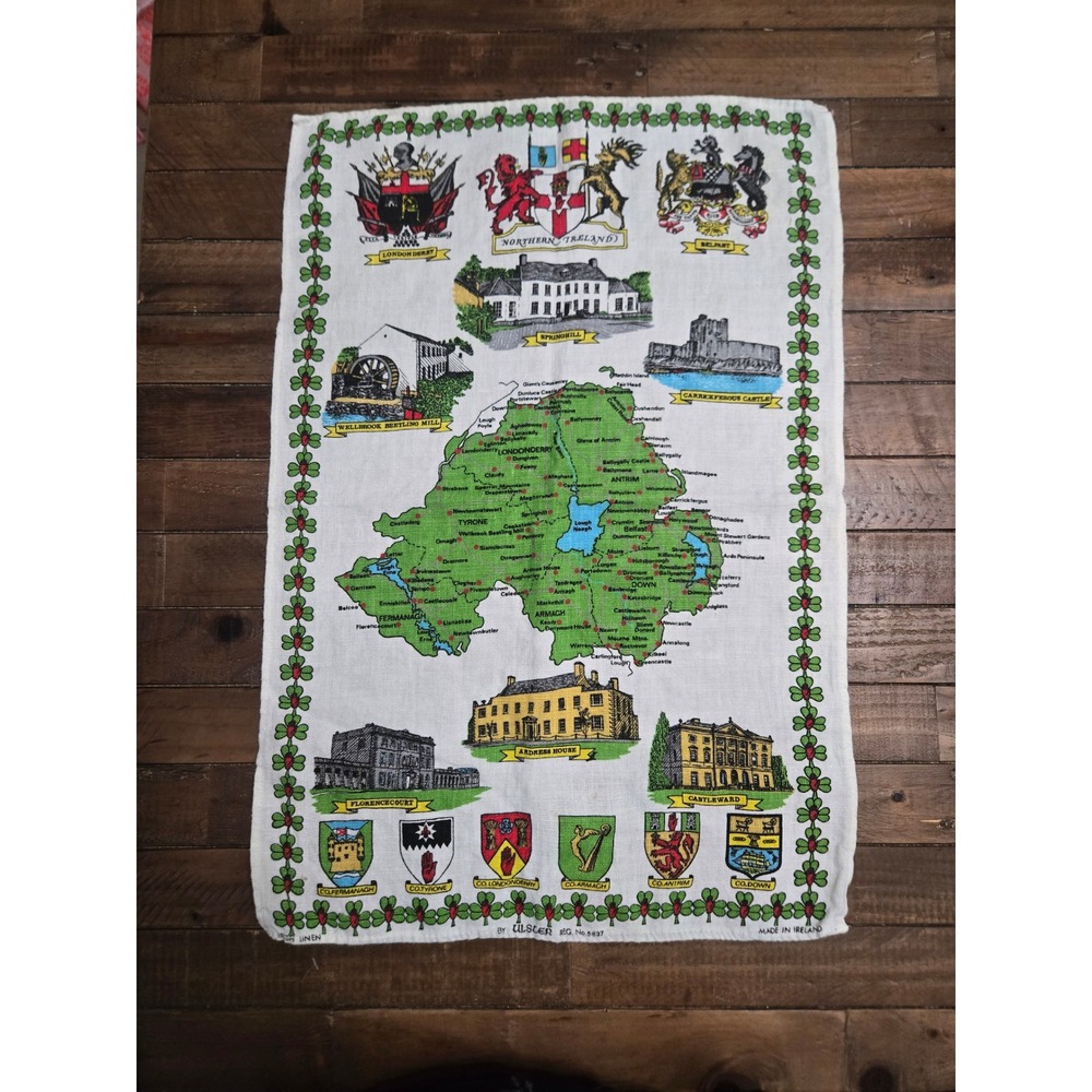 Vintage Ulster Weavers Northern Ireland Map Pure Irish Linen Tea Towel Nostalgic